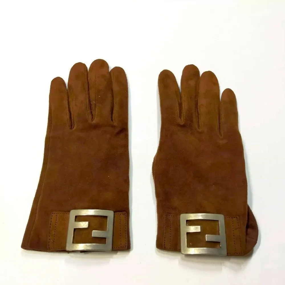 Auth Fendi Whiskey Brown Suede Logo Gloves Lined Women’s US Medium Buttery Soft